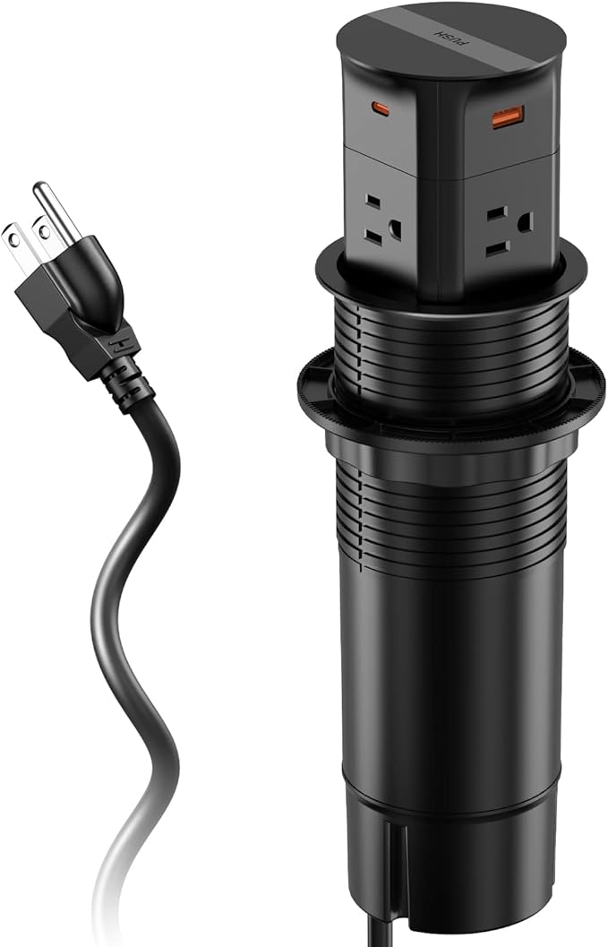 Pop up Outlet for Countertop,PD 20W USB C Fast Charging,3.15" Desk Grommet Power Station,4 Outlets,4-USB, Kitchen Island Pop Up Electrical Outlet, Office Recessed Power Supply,6ft Cord, Black