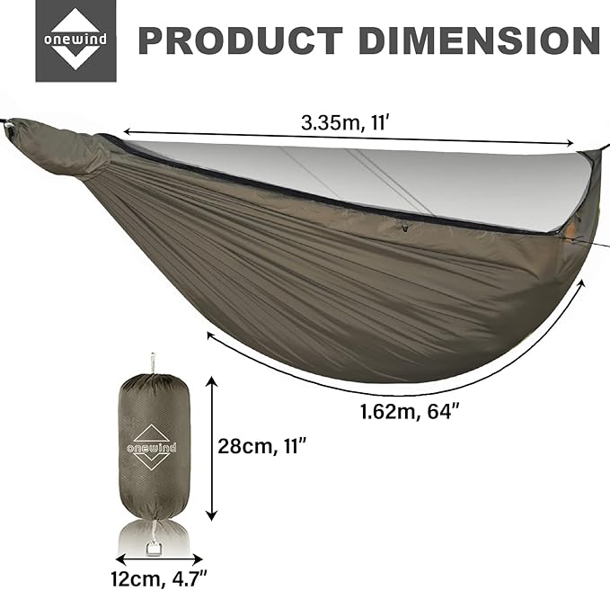 Onewind Airstream Camping Hammock with Mosquito Net and Windsock, Portable Hammock with Tree Straps and Bugnet for Winter Camping, Hiking, Backpacking, OD Green
