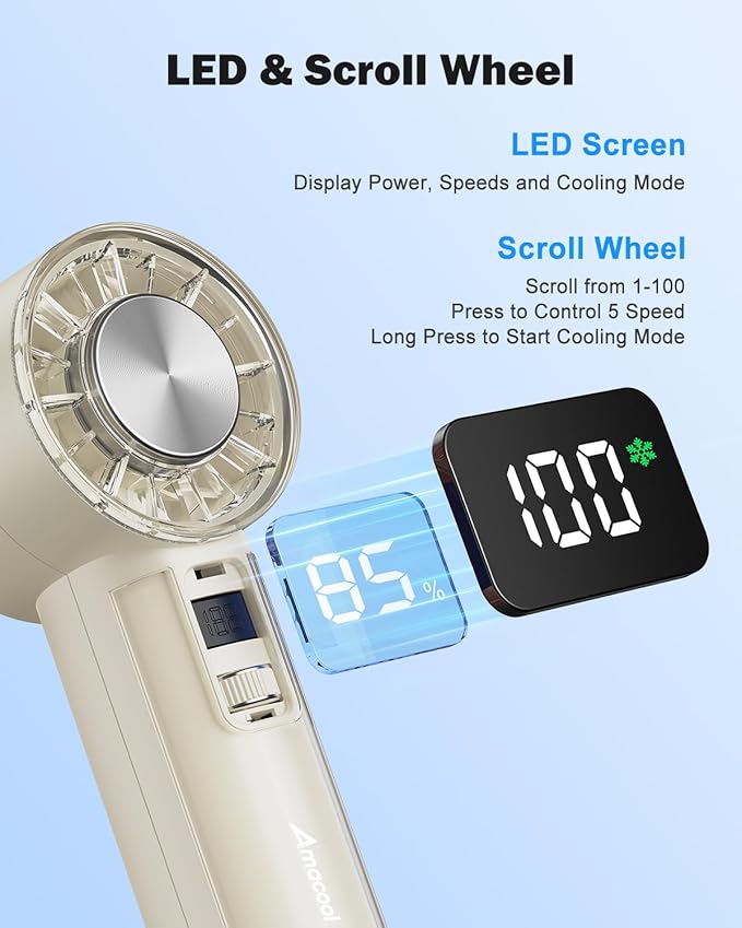 AMACOOL Handheld Fan with Ice Cooler, Mini Portable Fan Rechargeable, 18Hrs Cooling, 0-100 Adjustable Speed, Small Yet Powerful, Personal Hand Fans for Travel, Beach, Outdoor, Makeup, Gifts for Women