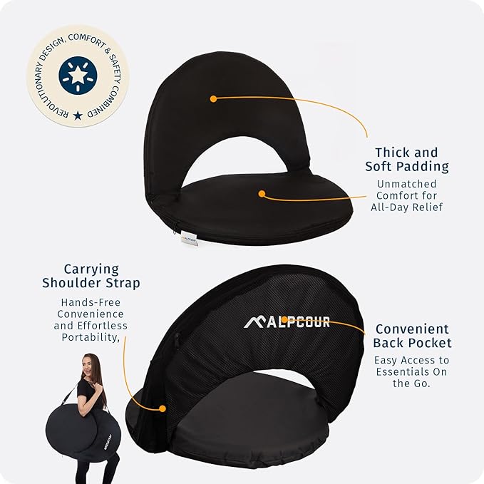 Alpcour Folding Stadium Seat – Deluxe Outdoor Camping Reclining Waterproof Cushion Chair for Bleachers – Best 6-Position Back Support Picnic Bleacher Seats w/Extra Thick Padding for Support & Comfort