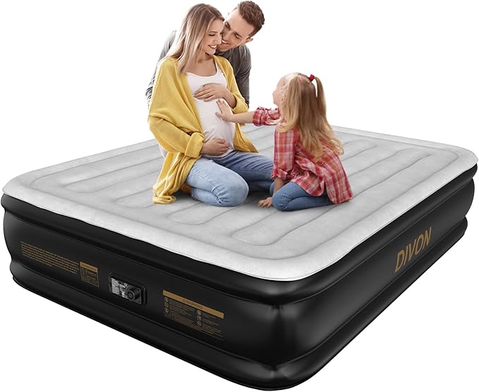 DIVON Air Mattress Queen with Built in Pump,Blow Up Mattress with Wave Pattern in 3 Mins,18'' Quick Inflatable Mattress, Luxury Airbed for Home&Camping,Black,660lbs