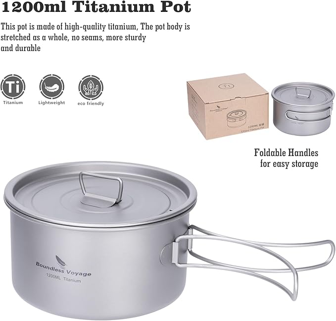 iBasingo 1.2L Titanium Soup Pot with Lid Camping Cookware with Foldable Handle Portable Lightweight Outdoor Kitchen Cooking Kit Backpacking Hiking Picnic Fishing Mountaineering Ti2106C (1 pc)