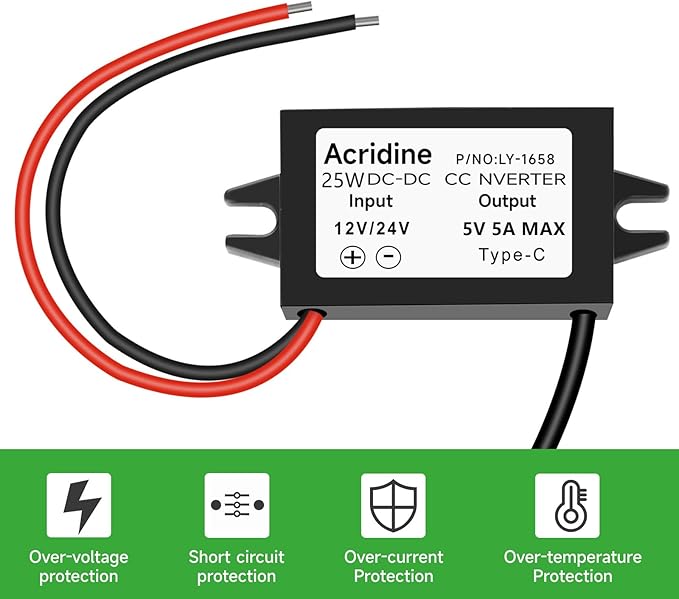 DC 12V/24V to 5V 5A 25W USB-C Step Down Converter Buck Module Adapter(2-Pack)