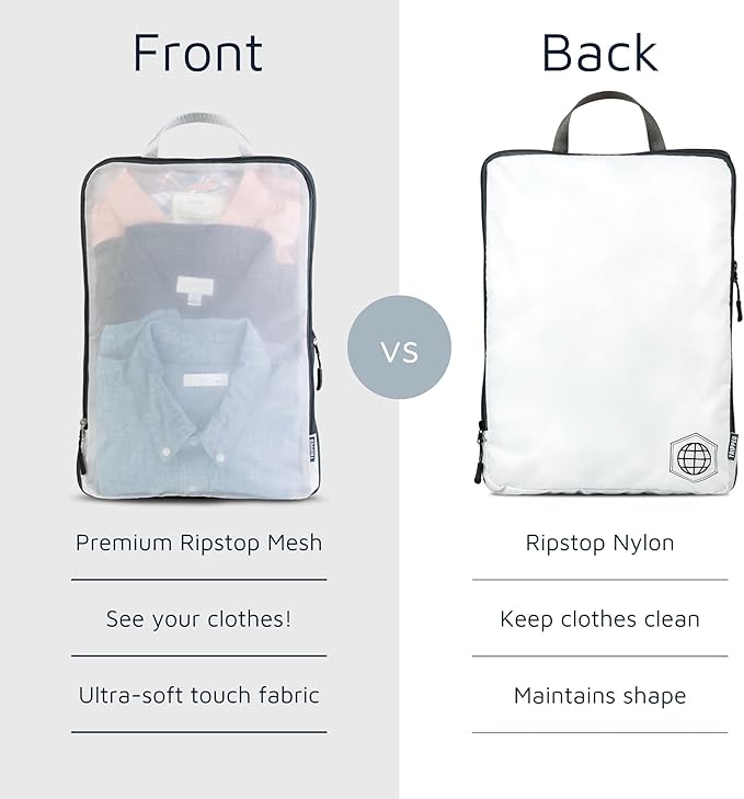 Large Packing Cube Set with See Through Mesh- Compression Packing Cubes Travel Organizers by TRIPPED Travel Gear (White)