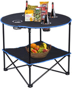 LEADALLWAY Folding Picnic Table Portable Outdoor Camping Table with 4 Cup Holders and Carrying Bags,Collapsible Canvas Travel Table for Outdoor Picnic,Barbecue,Travel,Fishing (Black+Blue)