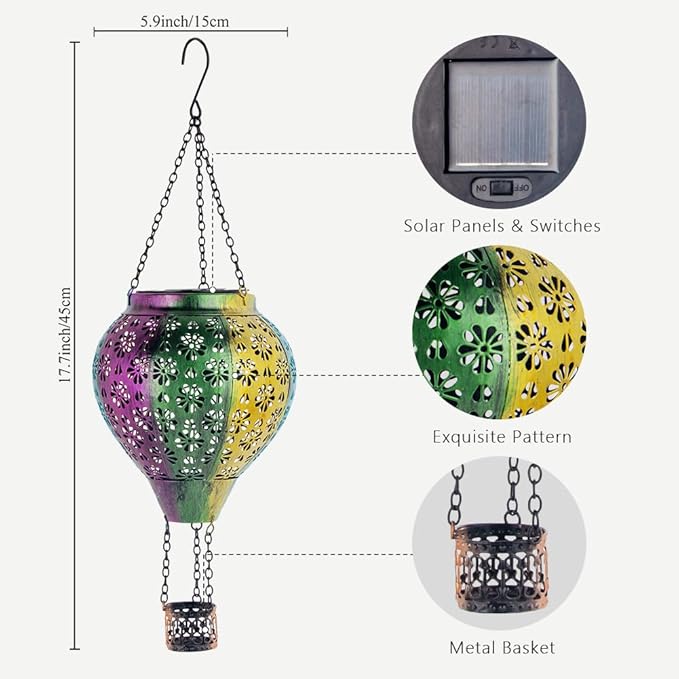Stargarden Hot Air Balloon Solar Lantern, Flower Hollow Out Lanterns Decorative Outdoor, Colorful Hot Air Balloon Handmade Lighting Products, Metal Solar Hanging Lights Outdoor for Yard
