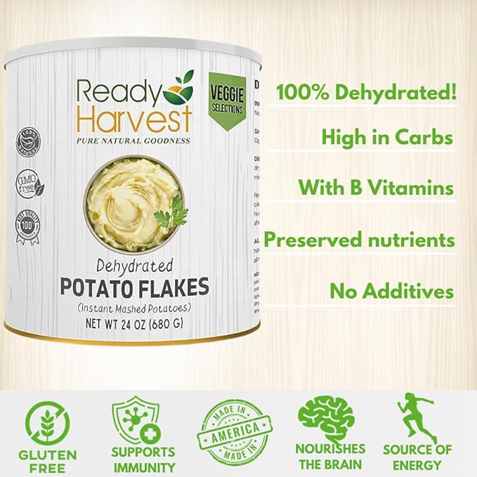 Ready Harvest Dehydrated Food - Potato Flakes | Emergency Food | Instant Mashed Potatoes | #10 Can | 30-Year Shelf Life | Cans Filled to the Top