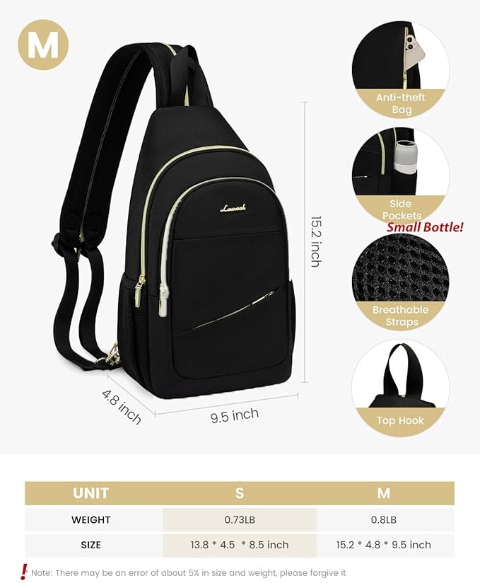 LOVEVOOK Sling Bag for Women, Sling Backpack Crossbody Bag Convertible, Small Diaper Bag Hiking Daypacks Water-resistant, Travel Shoulder Bag Chest Bag, All Polyester Black