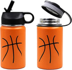 12 oz Basketball Water Bottle, Sports Cup Flask Metal Travel Mug with 2 Lids, Stainless Steel Double Wall Vacuum Leak Proof Insulated Water Bottles, Basketball Accessories Stuff Gifts for Boys Girls