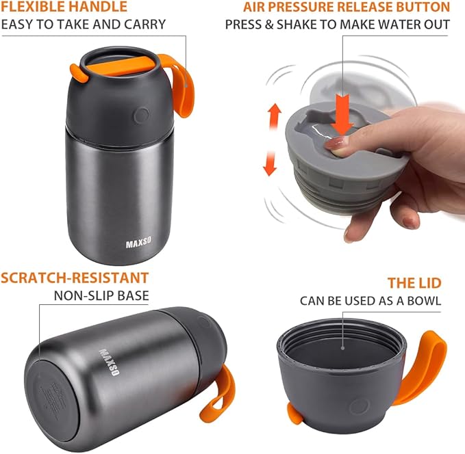 MAXSO Soup Thermo for Hot & Cold Food for Adults Kids, 17 oz Vacuum Insulated Steel Lunch Container Bento Box with Spoon, Leakproof Thermal Food Jar for School Office Travel - Grey