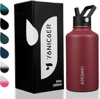 Insulated Water Bottle 64oz,Triple Wall Vacuum Stainless Steel(Dishwasher Safe),Leak Proof & Non-BPA,Flask Jug with Paracord Handle & Straw Spout Lids Sports Red