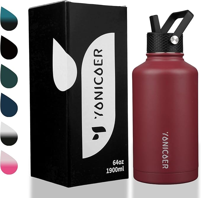 Insulated Water Bottle 64oz,Triple Wall Vacuum Stainless Steel(Dishwasher Safe),Leak Proof & Non-BPA,Flask Jug with Paracord Handle & Straw Spout Lids Sports Red