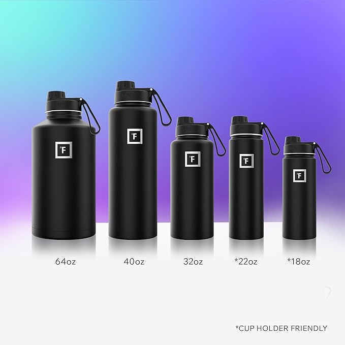 IRON °FLASK Camping & Hiking Hydration Flask with 3 Lids - Stainless Steel, Double Walled & Vacuum Insulated Water Bottle - Leak Proof & BPA Free (Sky, Spout - 64 oz)