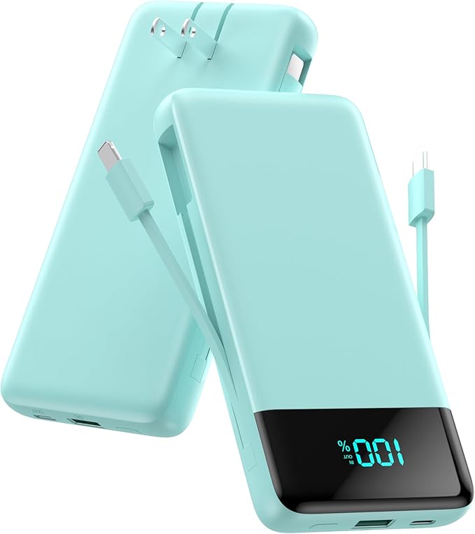FOCHEW Portable Charger Built-in Cables and Wall Plug,13800mAh Fast Charging USB C Power Bank,4 Outputs Travel Essential Battery Pack for iPhone 17/16/15/14/13,Galaxy,Android -Green