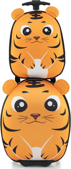 HONEY JOY Kids Luggage, 12” Children Hardshell Backpack & 16” Toddler Travel Rolling Suitcase, 2 Pcs Lightweight Carry On Luggage Set, Kids Luggage with Wheels for Girls & Boys(Orange Tiger)