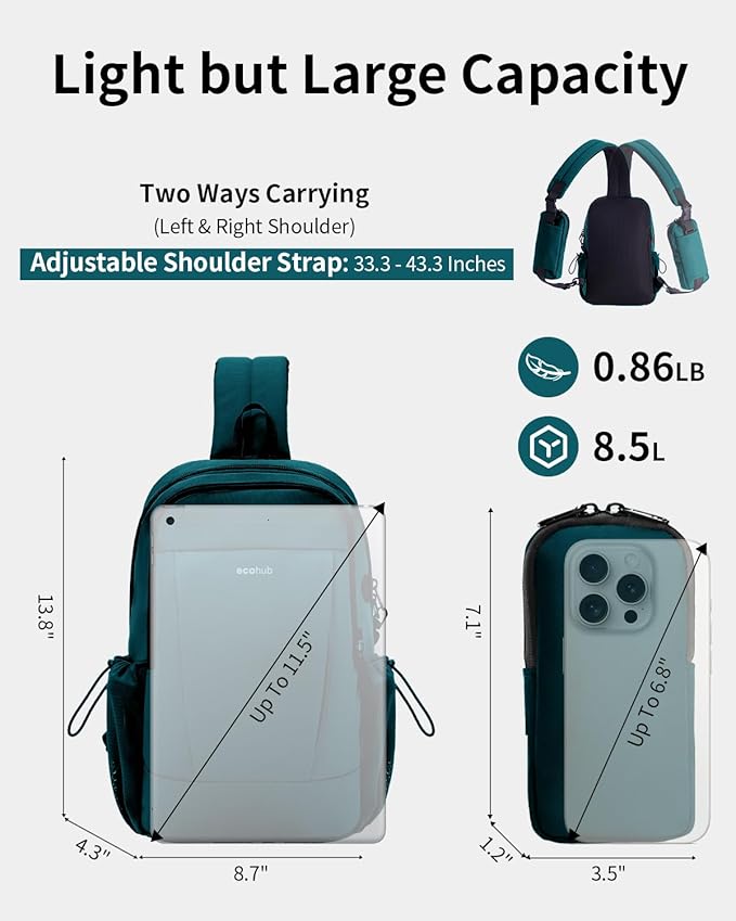 ECOHUB Crossbody Bags for Women Men, Anti-Theft RFID Blocking Roomy Sling Backpack with Sturdy SBS Zippers Water Resistant Chest Shoulder Bag Daypack with 9 Pockets Casual Outdoor Hiking, Turquoise