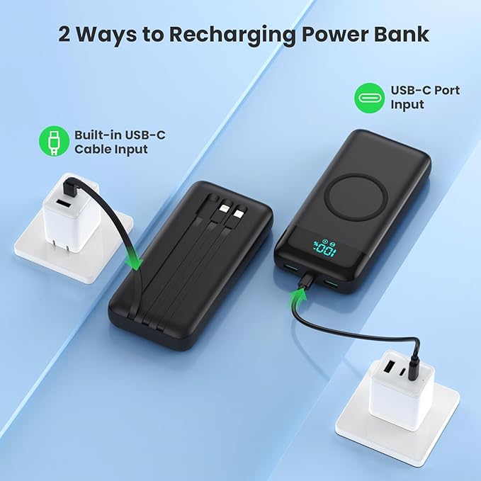 Wireless Portable Charger 40,800mAh with 3 Built-in Cables,15W Wireless Charging 25W PD QC4.0 Fast Charging USB-C Power Bank,7 Outputs LCD Display Battery Pack for iPhone 16/15/14/13/12,Android etc