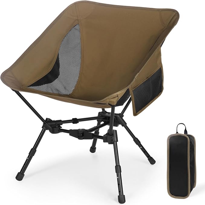 Lightweight Folding Camping Chair: Portable Ultralight Height Adjustable Folding Camping Chair 330 lbs Capacity with Side Pockets Ideal Backpacking Chair for Short hikes and Cycling Trips (Khaki)