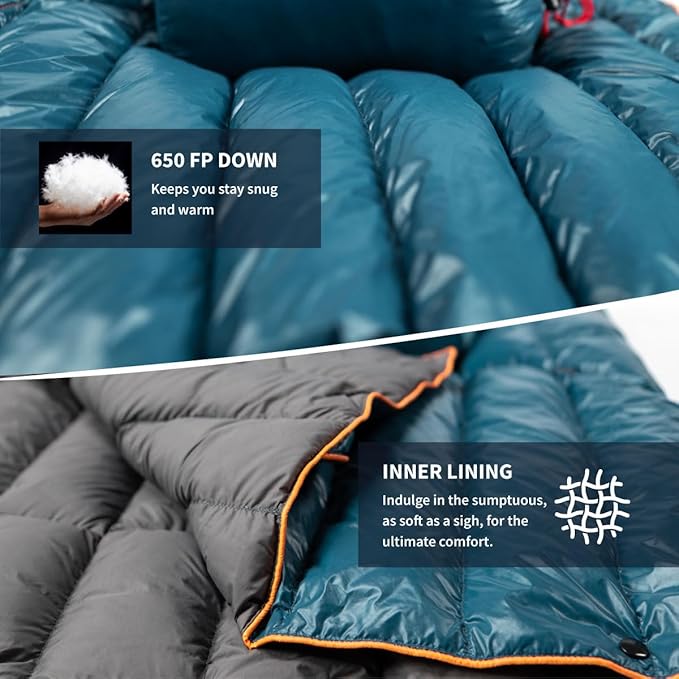 ZOOOBELIVES Ultralight Down Camping Blanket - 1.35lbs, 650 Fill Power Puffy Quilt. Compact & Warm Comforter for Travel, Beach, Hammock, Backpacking - Elevate Your Outdoor Comfort - AlpliveR300