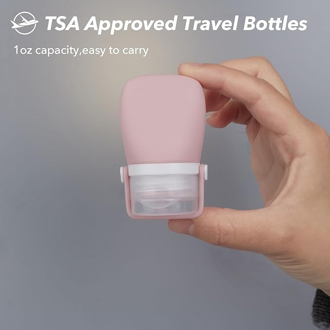 1oz Silicone Travel Bottles for Toiletries (4-Pack), TSA Approved Leakproof Toiletry Bottles with Locking Lid, Refillable Travel Size Containers for Shampoo, Body Wash, Camping & Trips (WH,GN,PNK)