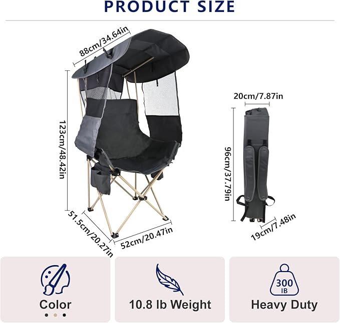 Folding Camping Chairs Canopy Outdoor: Sports Portable Beach Chair with Canopy-Lawn Beach Chairs with Umbrella for Adults-Camping Chair with Shade for Fishing Camp Heavy Duty (Regular, Grey)