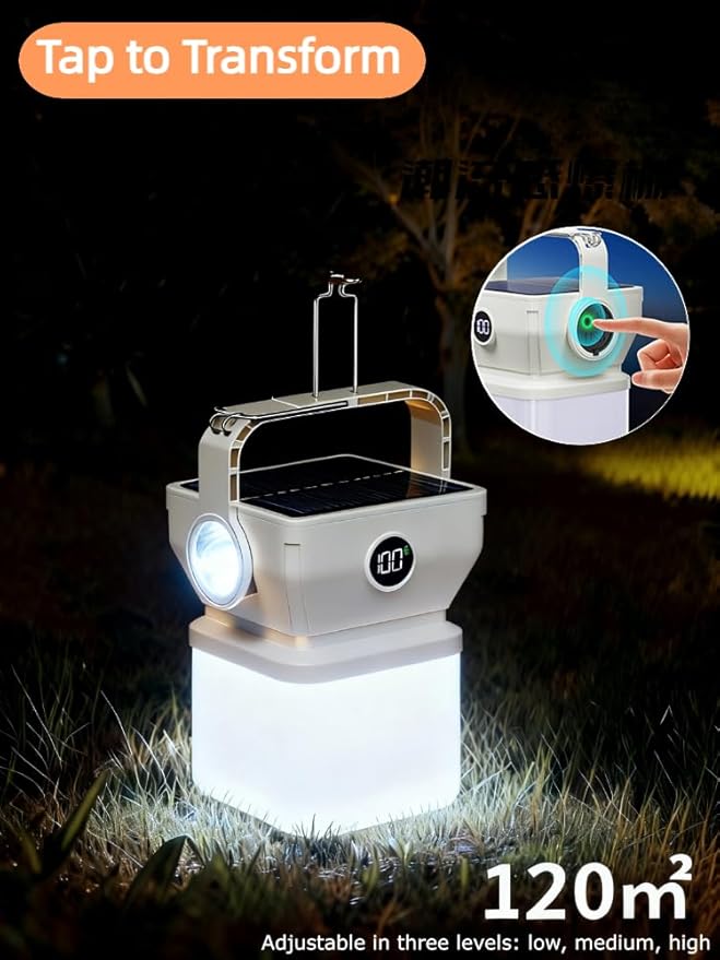 V.C Formark Camping Lantern Solar Powered Portable with Battery% Display, 1000LM Bright, USB-C/Solar Charging, for Outdoor Emergency, Hiking, Power Outage