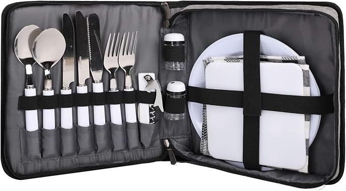 BRONZY Picnic Set Camping Cutlery Organizer Dinnerware Set - Mess Kit,Portable Eating Set with Plates,Spoons,Knives,Wine Opener,Forks,Napkinsc (16pcs/24pcs)