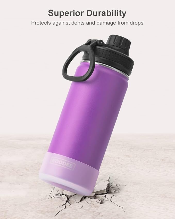 koodee Kids Water Bottle-16 oz Stainless Steel Double Wall Vacuum Insulated Water Bottle for School, Reusable Wide Mouth Sports Water Flask with Leakproof Spout Lid-BPA Free(Purple)