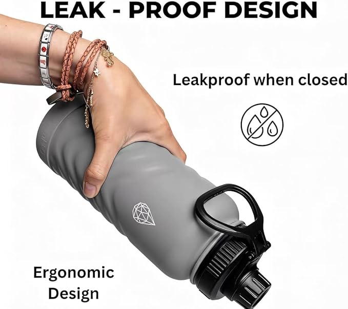 24oz Stainless Steel Insulated Water Bottle, 48H Ice Cold & 24H Hot, Leak-Proof Wide Mouth Lids (Straw & Spout), BPA-Free Bottles, Mens Water Bottle for Gym, Hiking, Travel - Grey