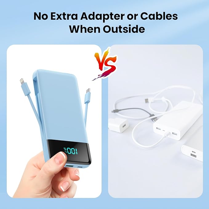 Portable Charger for iPhone with Built in Cables and Wall Plug,Upgraded 13800mAh Fast Charging USB C Power Bank,4 Outputs Travel Essential Battery Pack Compatible with iPhone 15/14/13/12,-Light Blue