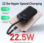 iWALK Mini Portable Charger 10,000mAh, 22.5W USB-C Fast Charging Power Bank with Built-in Cable, Travel Essential Ultra-Small Battery Pack Compatible for iPhone 17/16/16 Pro/15, Samsung, Google, Black