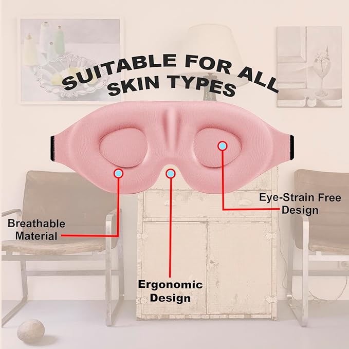 Luxury Sleep Mask – Pack of 2 Ultra-Soft Silk Eye Covers with Adjustable Strap & Soft Ear Loops, 3D Contoured Light Blocking Sleeping Mask for Travel, Naps & Relaxation(Black & Pink)