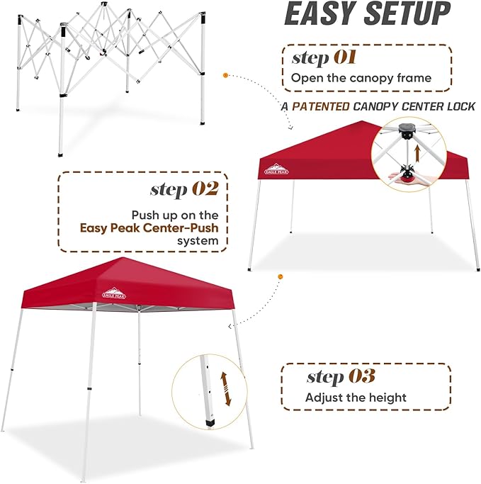 EAGLE PEAK 8x8 Slant Leg Pop-up Canopy Tent Easy One Person Setup Instant Outdoor Beach Canopy Folding Portable Sports Shelter 8x8 Base 6x6 Top (Red)