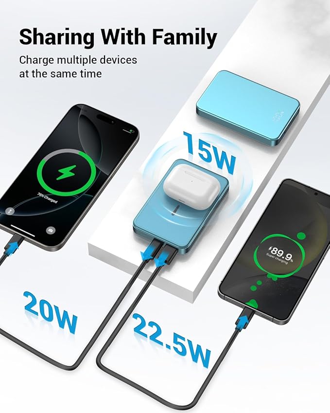 for Magsafe Portable Charger, Aluminum Alloy Small 10000mAh 20W PD Magnetic Power Bank, USB-C in&Out Wireless Battery Pack Phone Charger for iPhone 17/16/15/14/13/12 Plus Pro Max Series -Blue