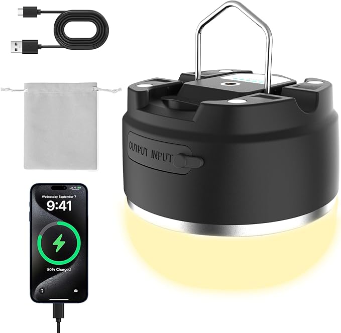 LED Camping Lantern Rechargeable 8000mAh, 3 Color Light Camping Tent Light, IP44 Waterproof Magnetic Hanging Light for Camping, Hurricane, Power Outages, Survival Kits, Black Emergency Light