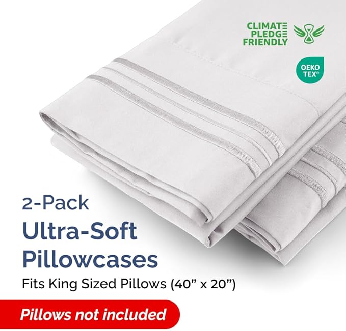 King Pillow Cases Set of 2 - Ultra Soft Hotel Quality Pillowcase Covers - Comfy Cozy Bedding for Women, Men, Kids & Teens - Machine Washable Pillow Protectors - 2 Pieces Set - King Size French Grey