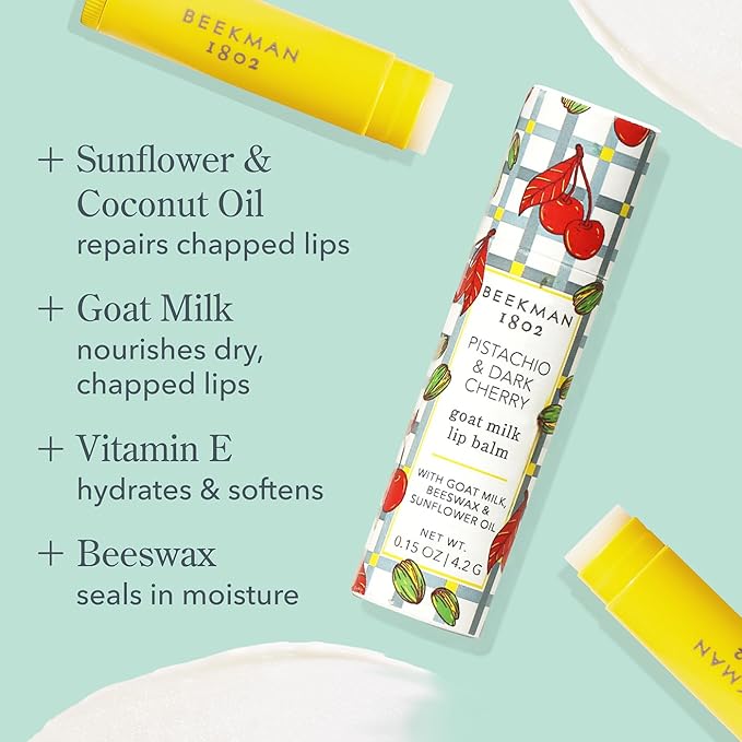 Beekman 1802 Goat Milk Hand Cream & Lip Balm Set – Hydrating Skincare Duo for Dry Hands & Chapped Lips – Moisturizing Hand Lotion & Lip Care Gift Set, Travel Size – Pistachio Dark Cherry