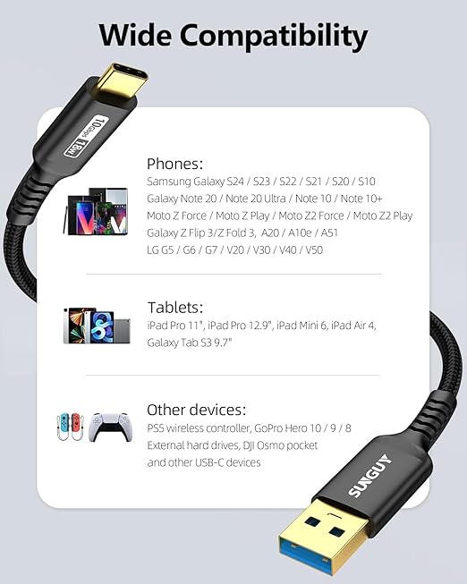 SUNGUY 10Gbps Android Auto USB C Cable,3A USB 3.1 Gen 2 Fast Charge & Data Transfer CarPlay Cable, for iPhone 17/16/15 Pro Max, Samsung T7, Galaxy S23 S22 Ultra Note 20, SSD- Black 4FT [2-Pack]