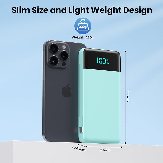 Portable Charger for iPhone with Built-in Cables and Wall Plug,Upgraded 13800mAh Fast Charging USB C Power Bank,4 Outputs Travel Essential Battery Pack for iPhone 17/16/15/14/13,Galaxy,Android-Green