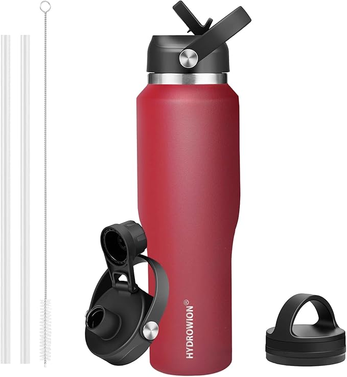 HYDROWION Water Bottle Stainless Steel,Vacuum Insulated Leak Proof Tumbler 32oz with Straw Lid, Spout Lid and Flex Cap(Cold for 48 Hrs, Hot for 24 Hrs), Fit in Any Car Cup Holder, Red
