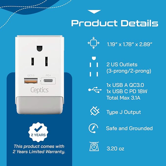 Ceptics Switzerland Plug Adapter, Travel with QC 3.0 & PD, Safe Dual USB & USB-C - 2 USA Socket Compact & Powerful - Quick Charge 3.0 & Power Delivery - Type J AP-11A - Fast Charging