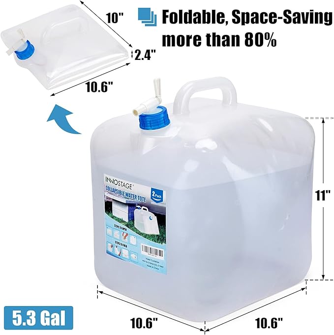 INNO STAGE 2 PACK Collapsible Water Container 5.3 Gallon with Spigot, Camping Water Storage Carrier Jug for Outdoors Hiking, Foldable Portable Water Canteen