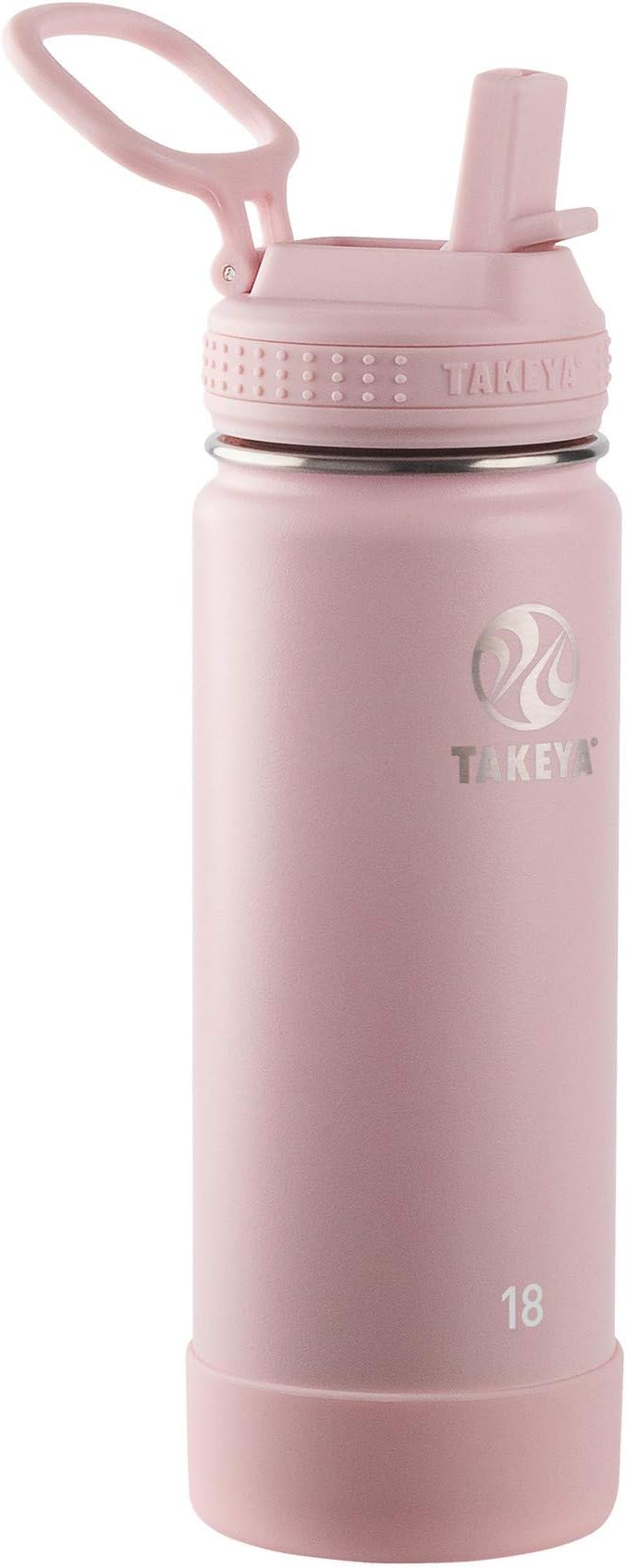 Takeya Actives Water Bottle with Straw Lid - Durable & Easy-Care Water Bottle with Stainless Steel Insulation - BPA-Free Lid with Carry Handle & Straw - Dishwasher-Safe - 18 oz, Blush