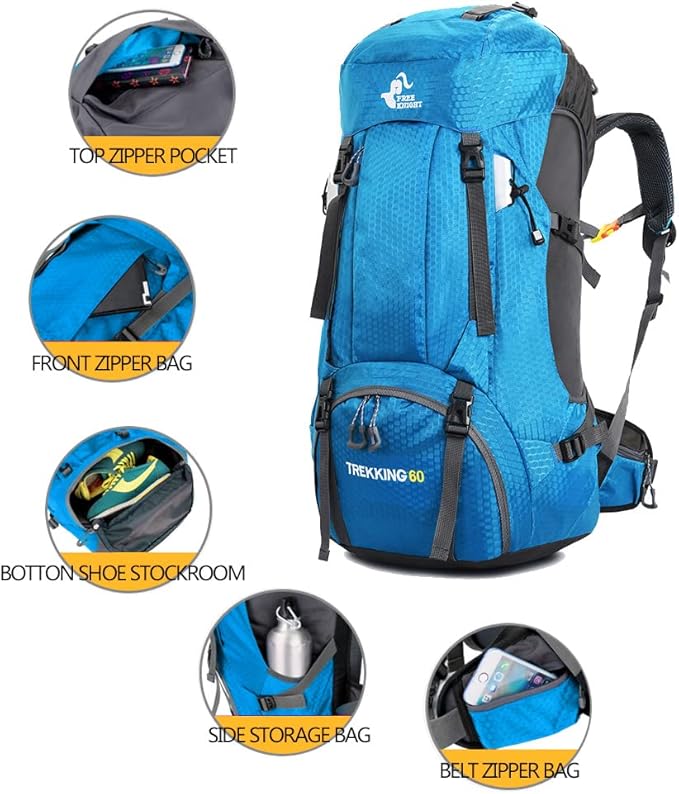 Bseash 60L Waterproof Hiking Camping Backpack with Rain Cover, Large Outdoor Sport Travel Daypack Rucksack for Climbing