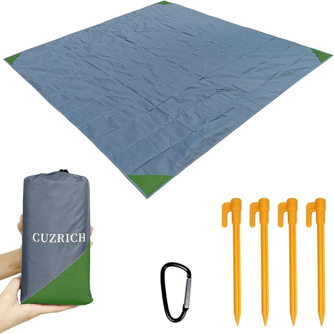 Pocket Beach Blanket Medium Foldable Picnic Mat Portable Lightweight Camping Tarp Tent Blankets Washable Rug Quick Dry Compact Beach Mats Hiking Outdoor Essentials (Gray/Green78*83" / 6.56ft×6.89ft)