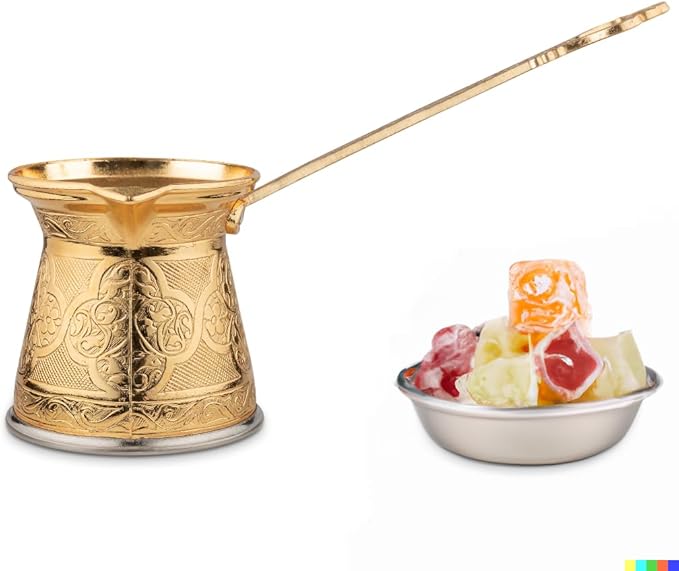 Alisveristime Authentic Turkish Coffee Pot, Handmade Cezve/Ibrik, 3.14-Inch Width, 3.14-Inch Height - 13.52 Ounce Enhance Your Coffee Experience Now! (4 Cup) (Gold)