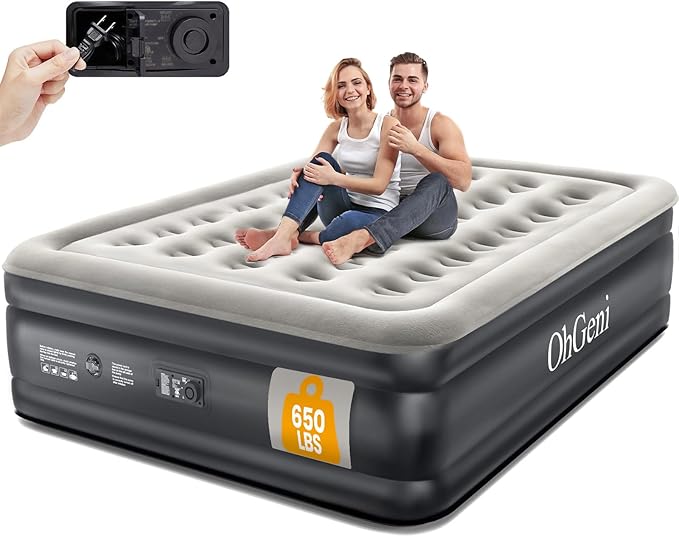 OhGeni Air Mattress Queen with Built in Pump, Inflatable Blow Up Mattress 18 Raised Comfort,Upgraded Surface Portable Mattress, Air Bed for Camping, Home and Guest, Colchone Inflable, 650 lbs Max
