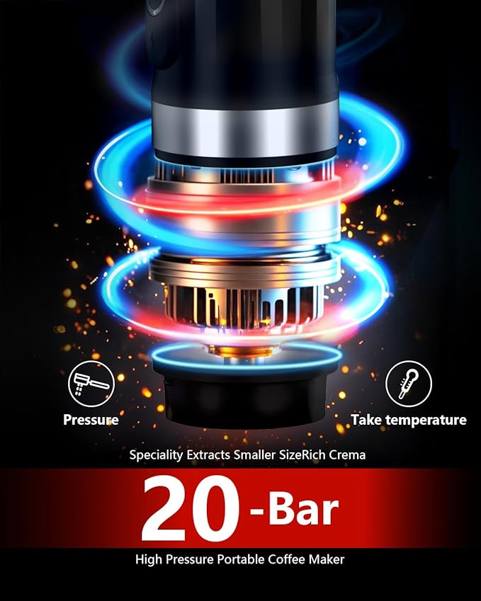Portable Espresso Machine 3Minute Auto Heat12V Rechargeable Electri Coffee Maker 20 BaCompatible with NS DG Capsules and GroundCoffee for Camping, Travelling RVing HikingandOffice Black