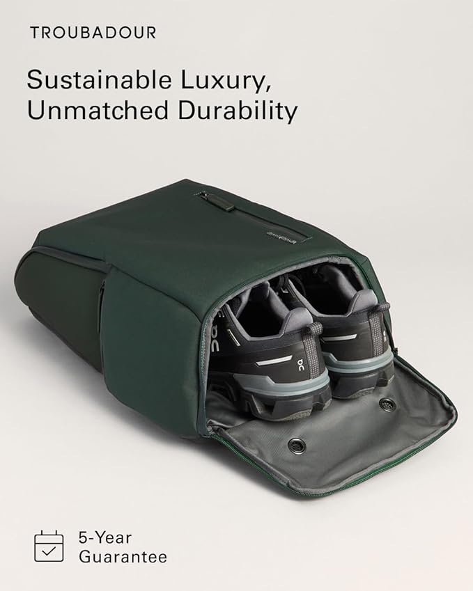 Troubadour Pioneer Backpack 3.0 - Premium Everyday Bag with Padded Laptop Section, Ventilated Shoe Compartment & Sustainable Waterproof Material - All-Day Lightweight Comfort Design - Obsidian Green
