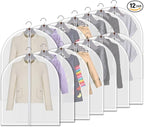 12-Pack Hanging Garment Bags - 31 Inch Clear Clothes Storage Covers with Full Zipper | Translucent Dust-Proof Organizers for Closet, Travel, Kids Clothes & Seasonal Wardrobe Protection